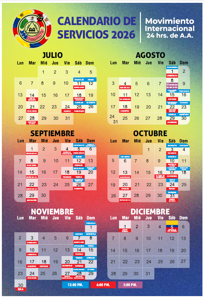 Calendario de servicios 2026 - Julio a Diciembre
